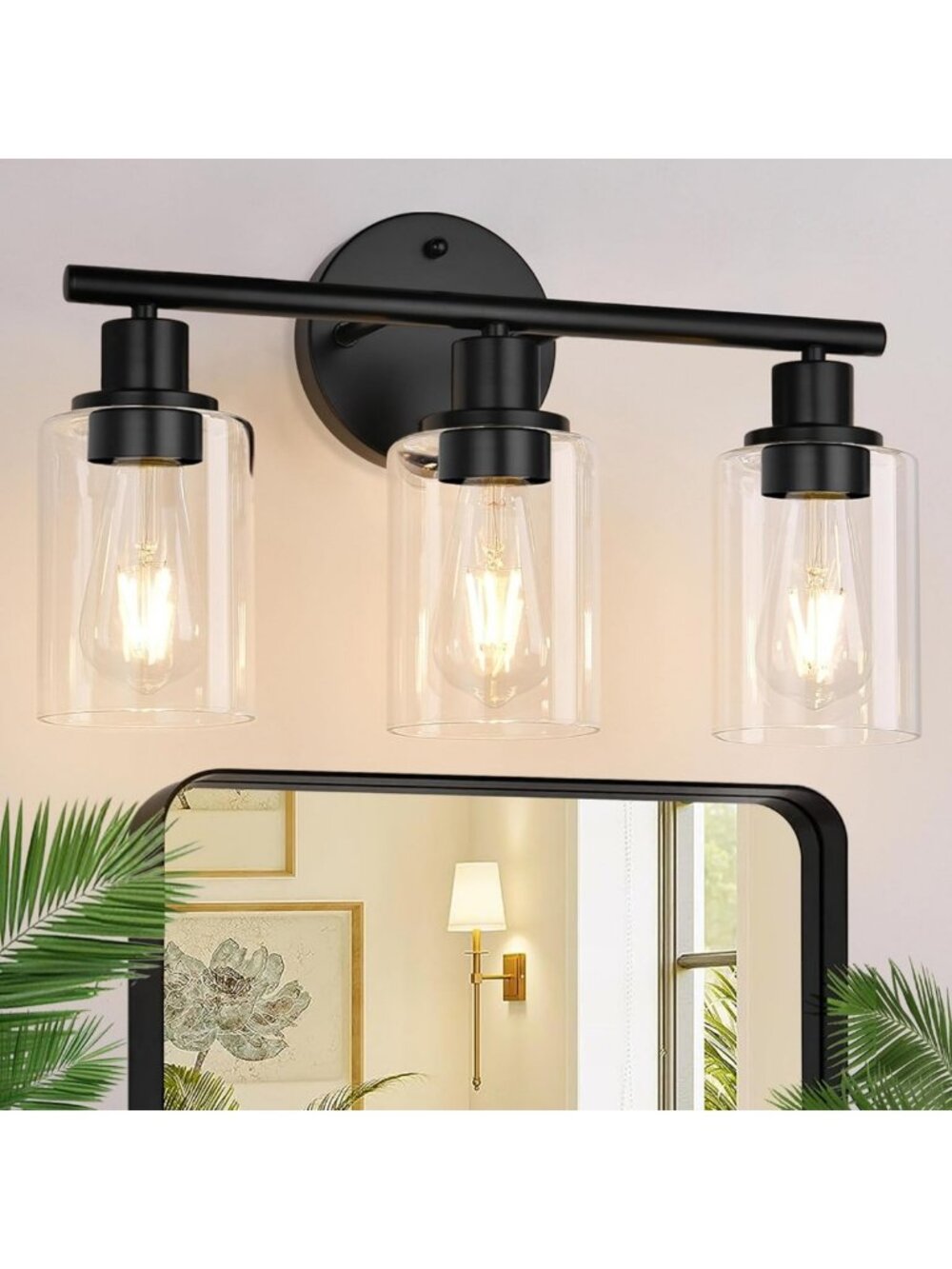 Stylish 3-Light Black Vanity Light Fixture with Clear Glass Shades for Bathroom